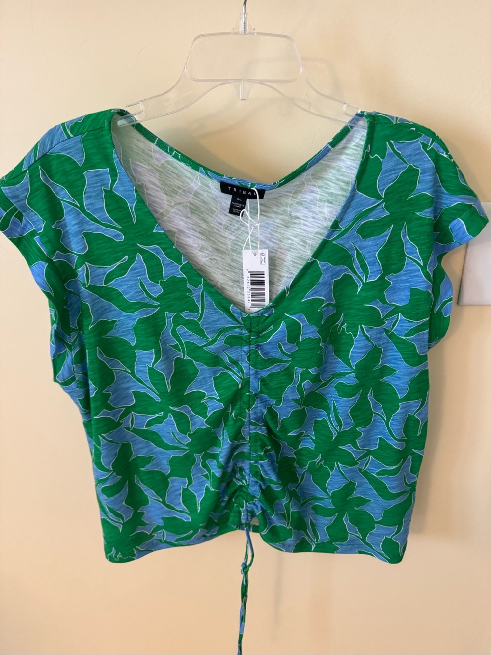Tribal  Green & Blue Floral Drawstring V-Neck Top